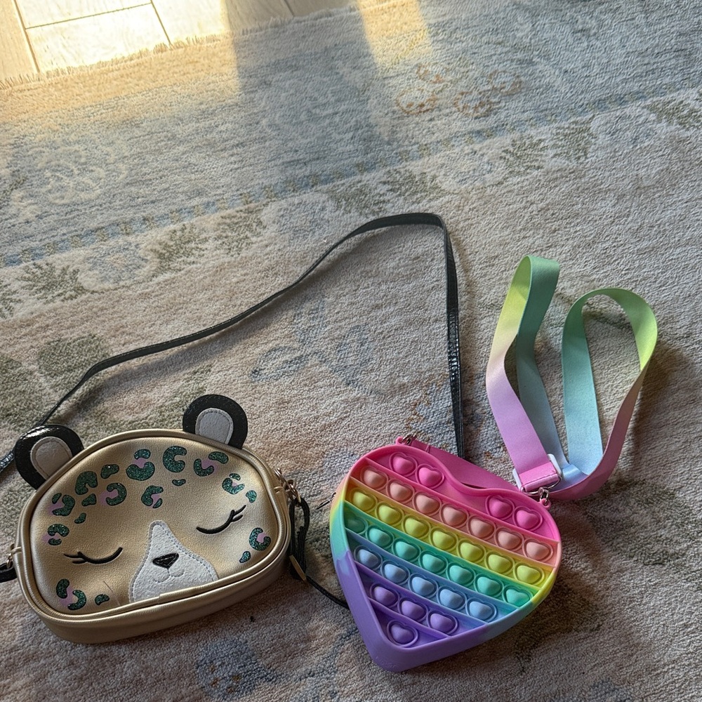 Leopard Face and Rainbow Heart Kids Crossbody Bags